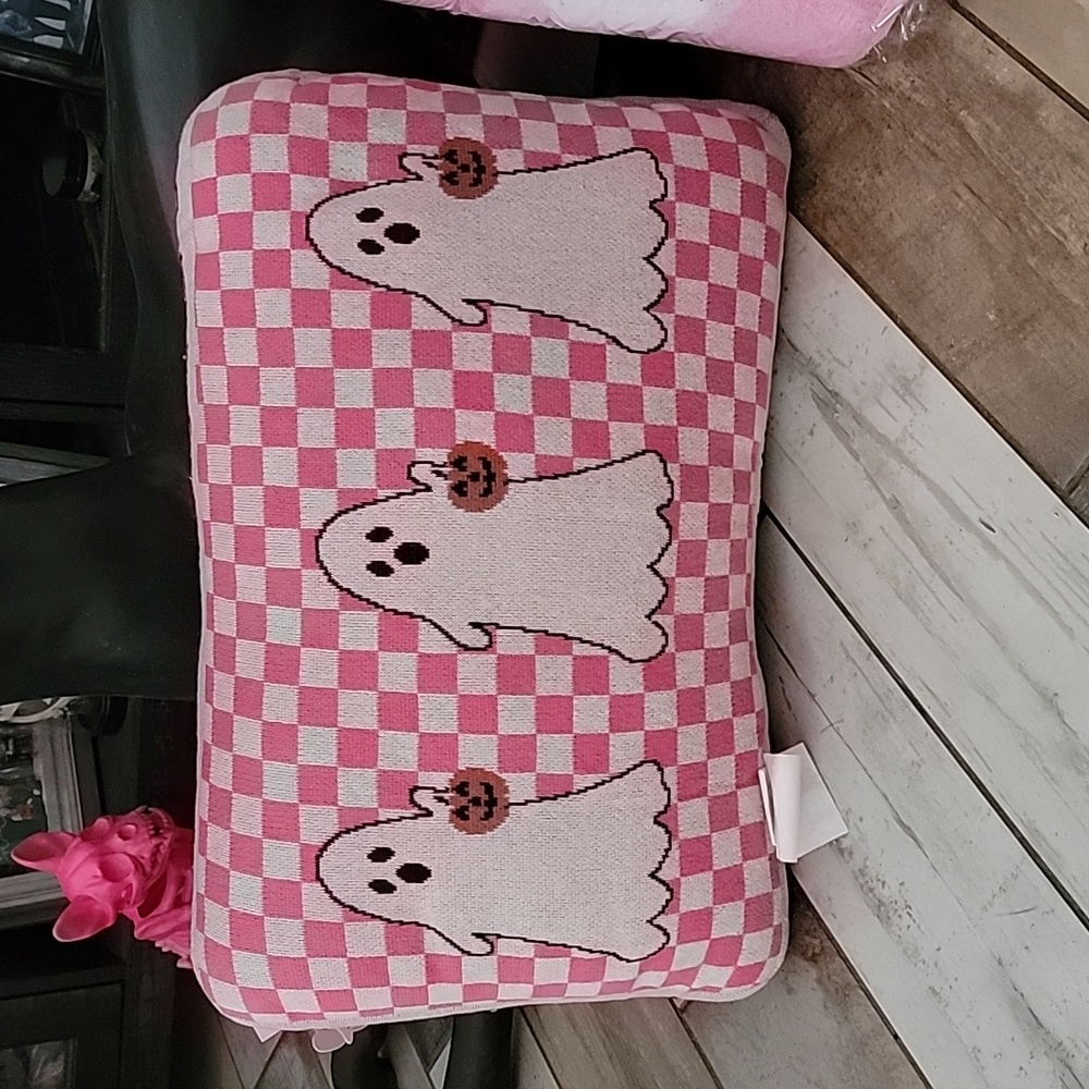 Goblin and Ghoul Pink Checkered Ghost Pillow
